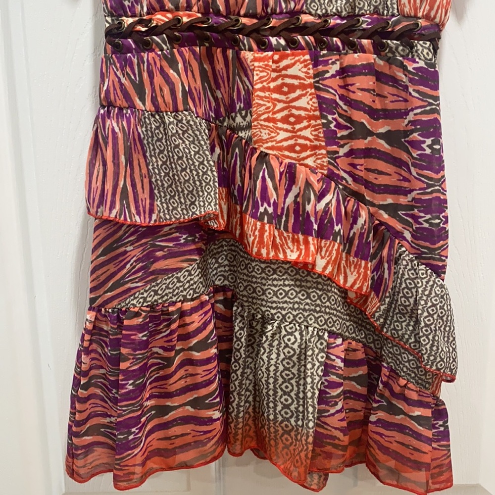 BEBE 2b RUFFLE DRESS XS LEATHER DETAIL-multi-color - Picture 2 of 10